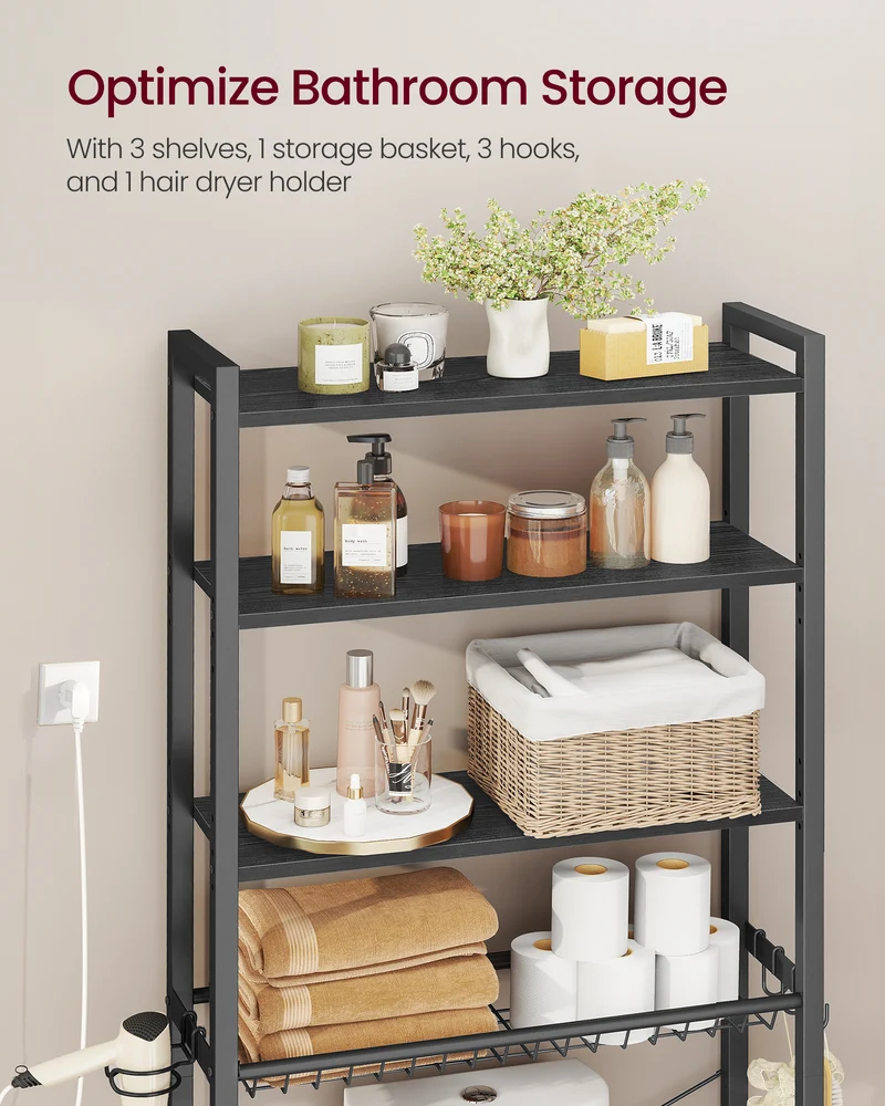 VASAGLE Over the Toilet Storage, Over Toilet Bathroom Organizer with Adjustable Shelves and Basket, Hair Dryer Holder, 3 Hooks,Ebony Black