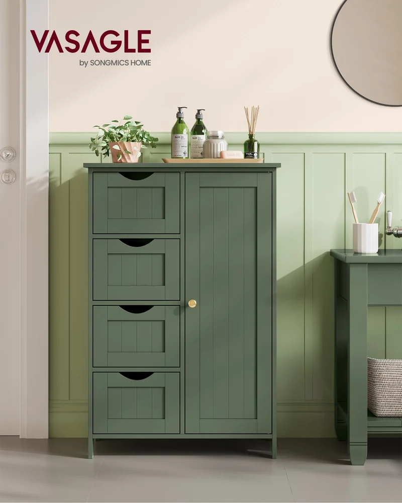 VASAGLE Storage Cabinet with Drawers, Freestanding Floor Cabinet with Door, 11.8 x 21.7 x 32.3 Inches, Adjustable Shelf, Sage Green