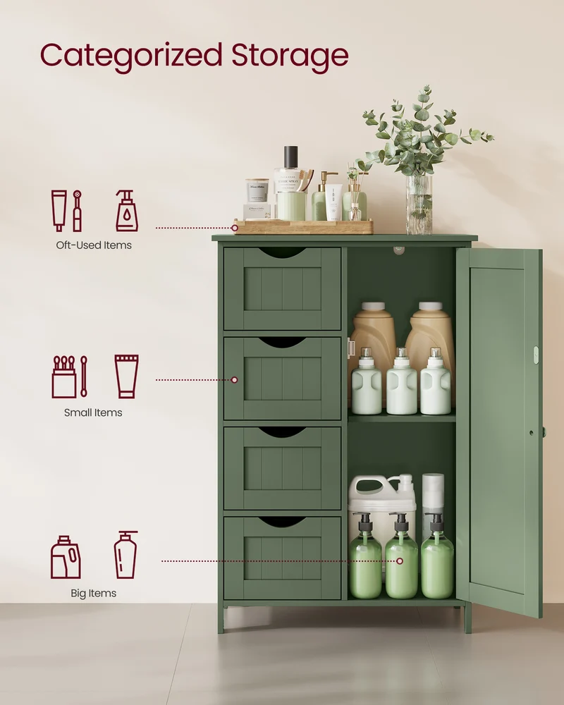 VASAGLE Storage Cabinet with Drawers, Freestanding Floor Cabinet with Door, 11.8 x 21.7 x 32.3 Inches, Adjustable Shelf, Sage Green