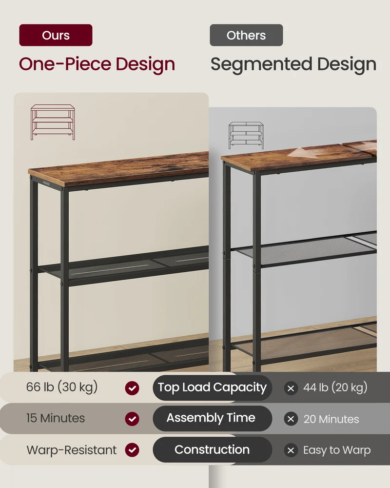 VASAGLE Console Table, Entryway Table, One Piece Top, Easy Assembly, 3 Tier, 9.4 x 31.5 x 32 Inches, Rustic Brown and Ink Black