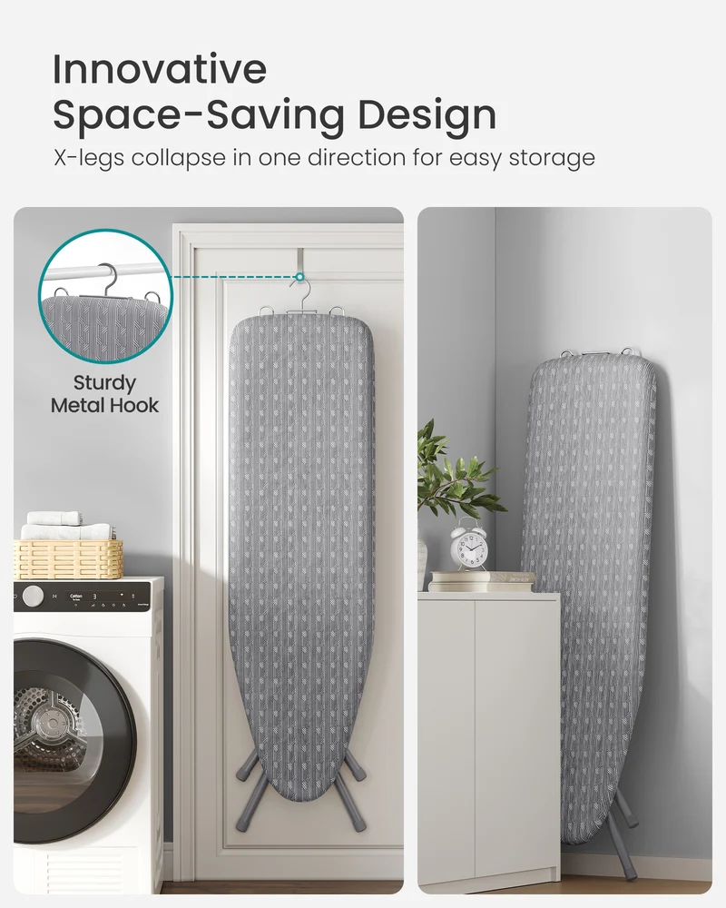 SONGMICS Full Size Ironing Board, Steel Frame with Cover and Sponge Pad, Foldable Standard Ironing Board with Iron Rest, 54 x 14 x 36.6 ", Gray