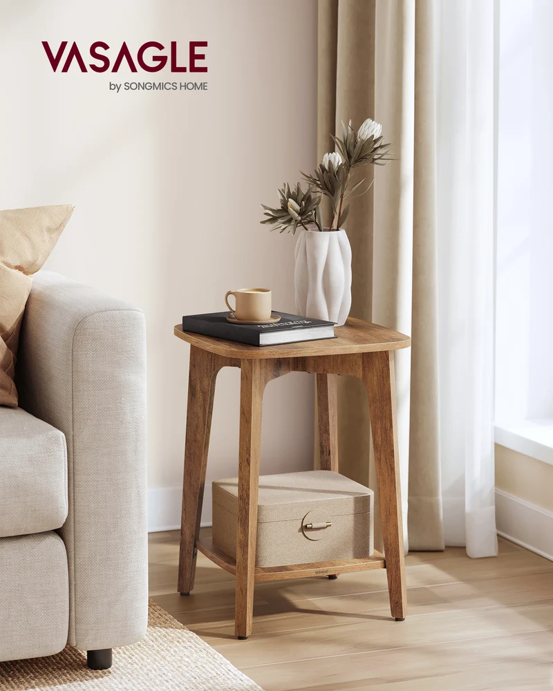 VASAGLE MAEZO Collection - Side Tables, Set of 2, 2-Tier Small Square End Tables, Nightstands with Tapered Legs, Curved Transitions, Honey Brown