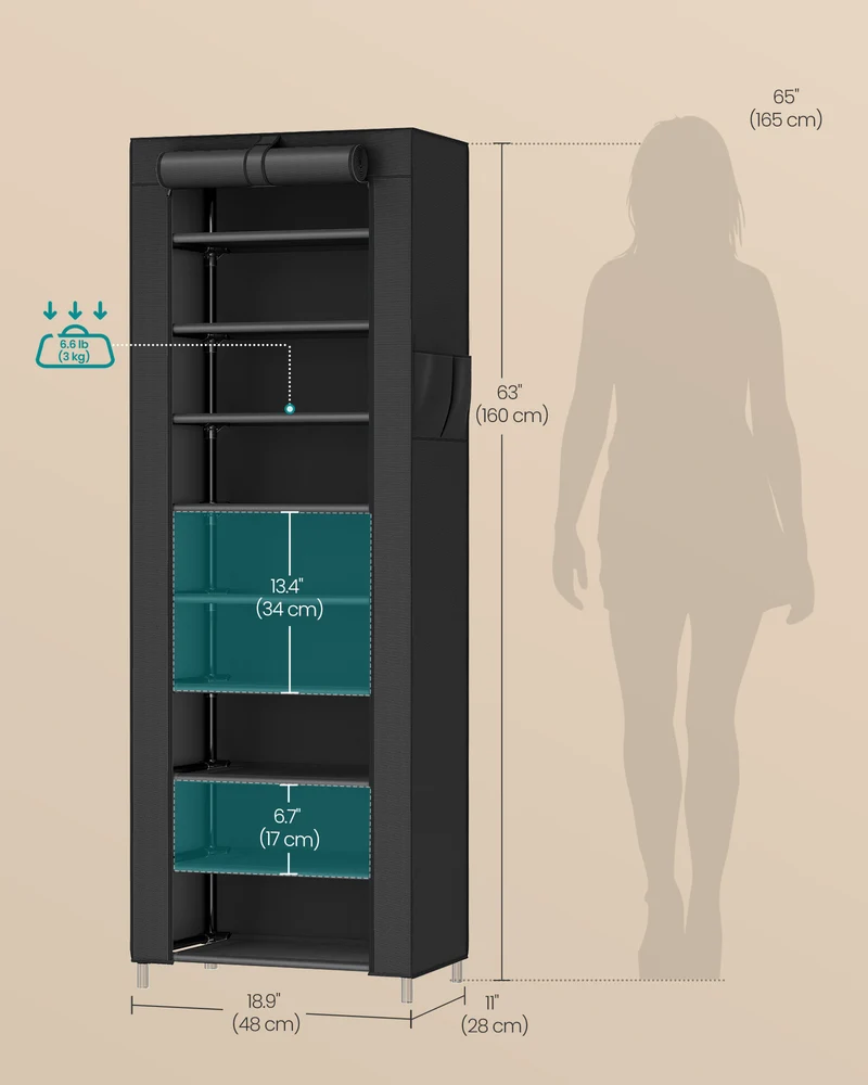 SONGMICS 10-Tier Shoe Rack, with Dustproof Cover, Free-Standing Storage Organizer for Closet, Hold 20 Pairs of Shoes, for Sneakers, High Heels, Black
