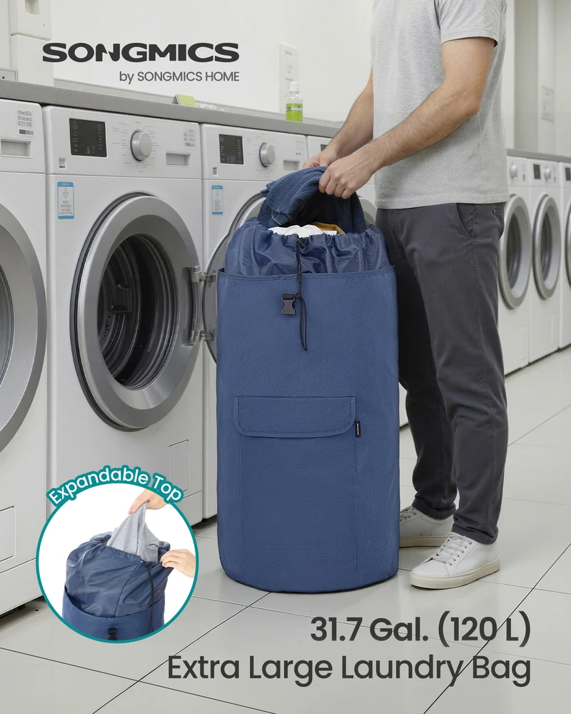 SONGMICS Laundry Bag, Laundry Backpack 31.7 Gallons, Heavy-Duty, Large with Extendable Top, Wide Shoulder Straps and Flap Pocket, Charcoal Blue