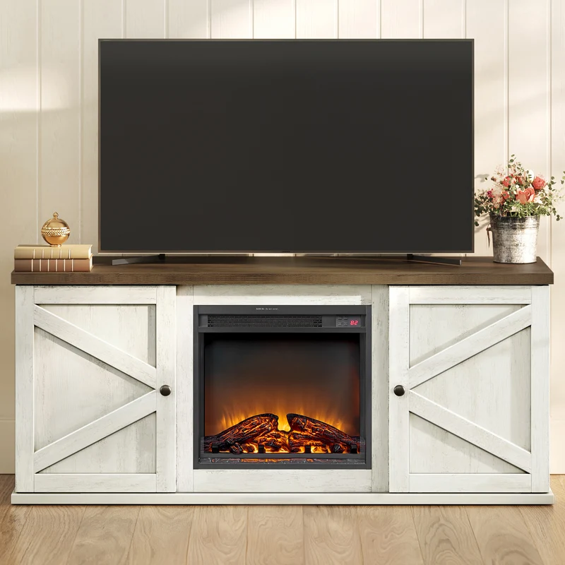 VASAGLE 65" Farmhouse Fireplace TV Stand - 18" Electric Fireplace with Remote, Adjustable Shelves & Barn Doors, Rustic White and Honey Brown