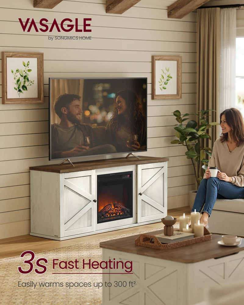 VASAGLE 65" Farmhouse Fireplace TV Stand - 18" Electric Fireplace with Remote, Adjustable Shelves & Barn Doors, Rustic White and Honey Brown