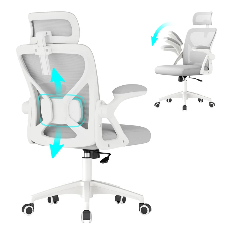 VASAGLE Ergonomic Mesh Office Chair with Adjustable Lumbar Support and Headrest, 90-105 Tilt Function, Wide Seat, Flip-Up Armrests, Dove Gray