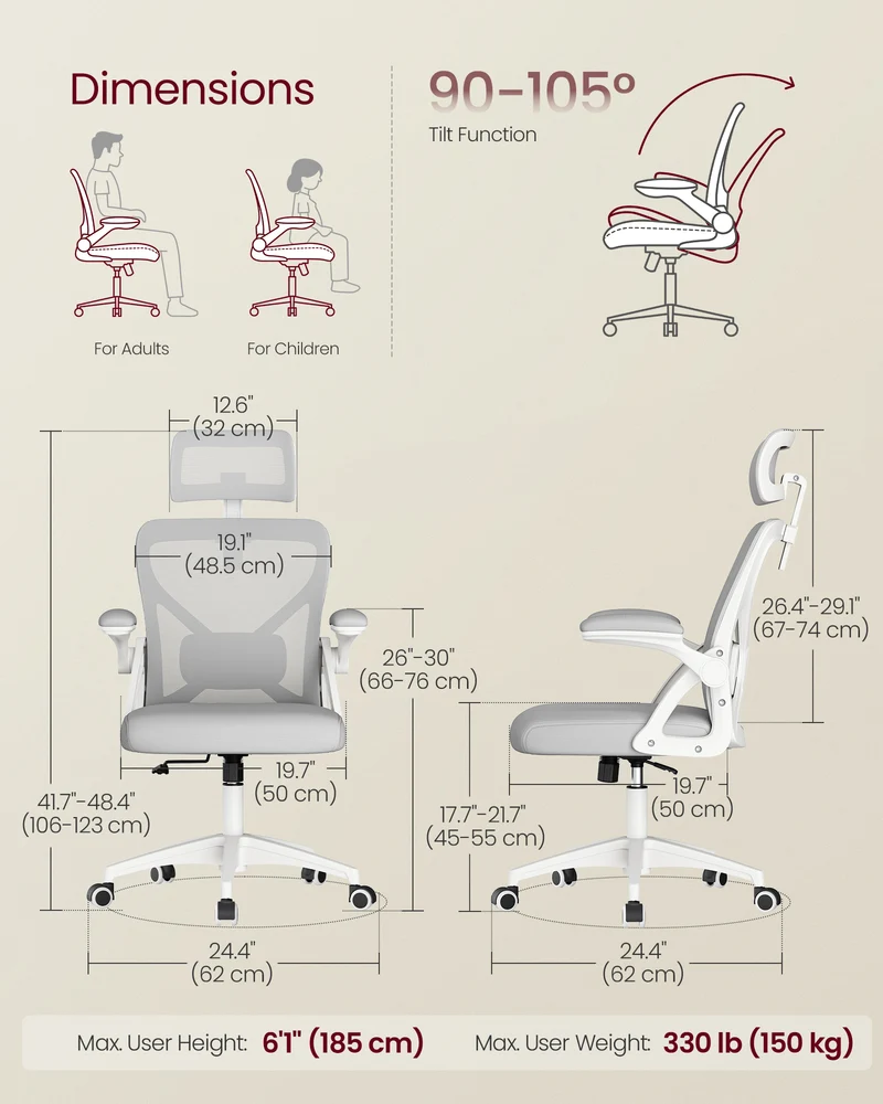 VASAGLE Ergonomic Mesh Office Chair with Adjustable Lumbar Support and Headrest, 90-105 Tilt Function, Wide Seat, Flip-Up Armrests, Dove Gray