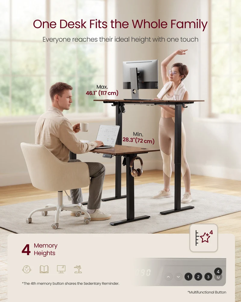 VASAGLE Electric Standing Desk, Height Adjustable Desk, Sedentary Reminder, 4 Memory Heights, for Home Office, 63 x 27.6 Inches, Rustic Brown