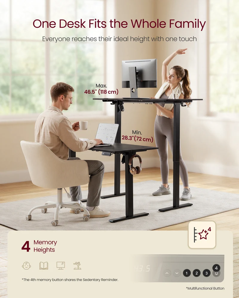 VASAGLE Electric Standing Desk, Height Adjustable Desk, Sedentary Reminder, 4 Memory Heights, for Home Office, 55.1 x 27.6 Inches, Ink Black
