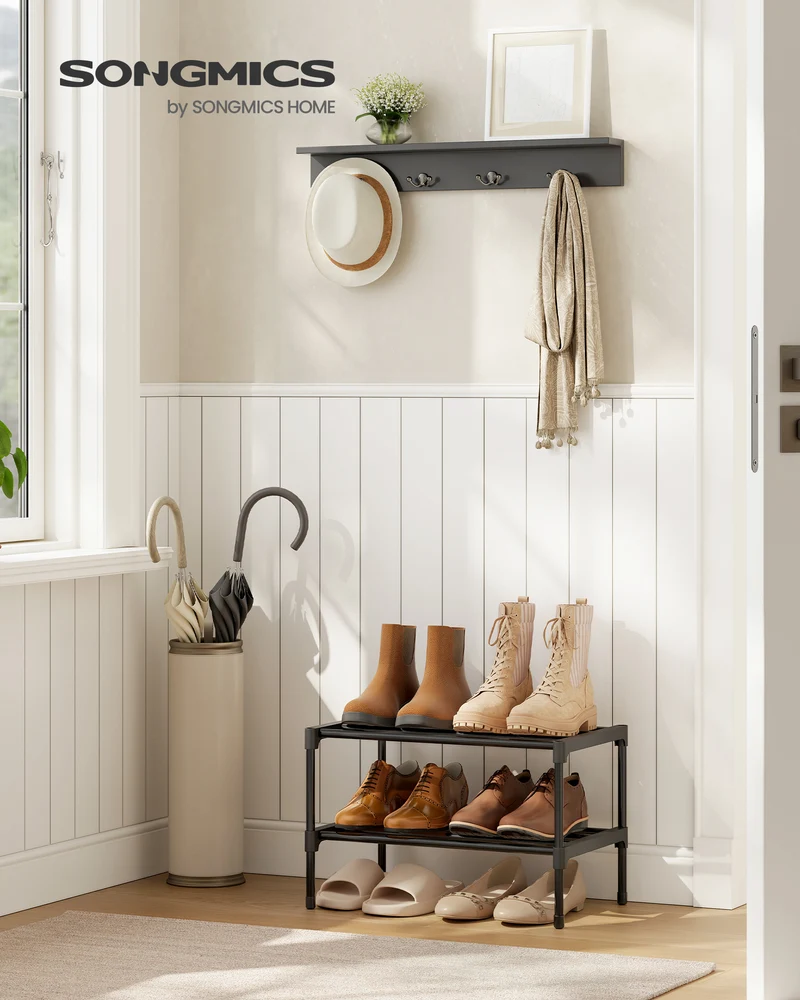 SONGMICS 2-Tier Shoe Rack for Closet, Compact Metal Shoe Organizer Shelf for Entryway, Bedroom, Small Spaces, 11.8 x 17.7 x 12.2 Inches, Black