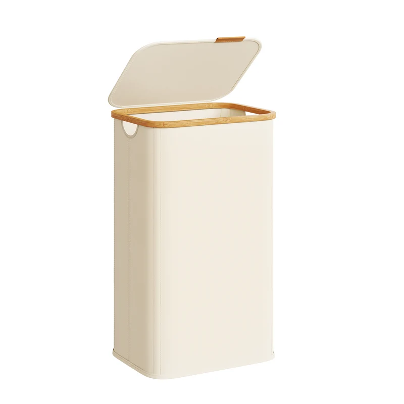 SONGMICS Laundry Hamper, Laundry Basket with Lid, Foldable Storage Basket, Bamboo Frame, Oxford Fabric, 26.4 Gal. (100 L), Cream White
