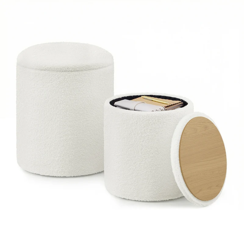 SONGMICS Vanity Stool, Set of 2, Round Storage Ottoman, Small Coffee Table, Foot Stool, Removable Lid, Easy Assembly, Teddy Fleece, Cream White