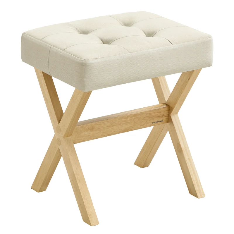 SONGMICS Makeup Stool, Padded Vanity Stool, Foot Rest, Solid Wood X Legs, for Bedroom, Closet, Entryway, Summer Sand and Natural Beige