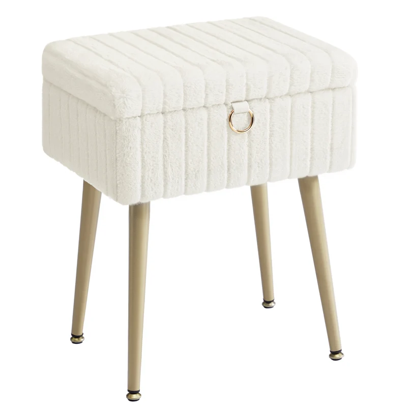 SONGMICS Vanity Stool Chair with Storage, Makeup Stool, Footrest Footstool Ottoman, Metal Legs, Adjustable Feet, Cream White