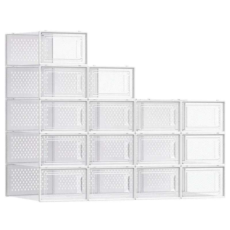 LEDREM Set of 15 Stackable Shoe Organizers, Foldable Storage Boxes for Sneakers, Transparent and White