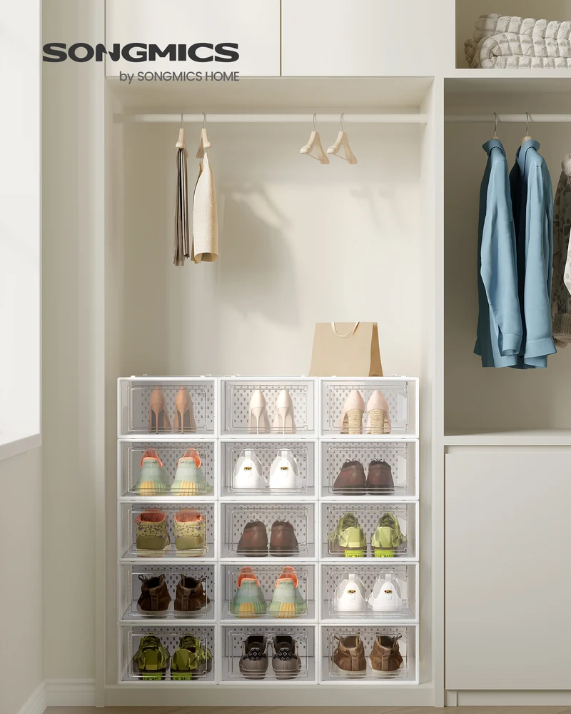 LEDREM Set of 15 Stackable Shoe Organizers, Foldable Storage Boxes for Sneakers, Transparent and White