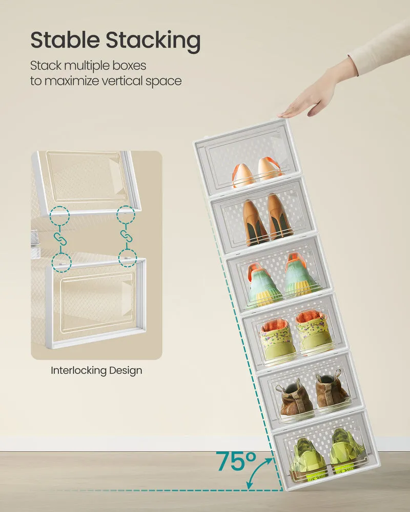 LEDREM Set of 15 Stackable Shoe Organizers, Foldable Storage Boxes for Sneakers, Transparent and White