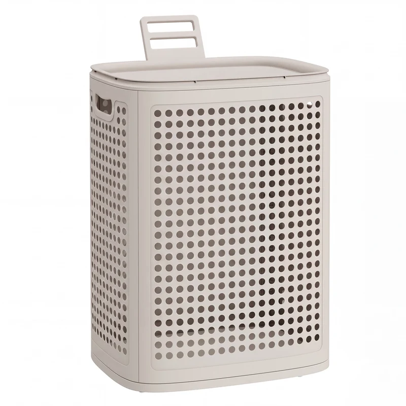 SONGMICS PP Plastic Laundry Hamper with Lid, 75 L Ventilated Laundry Basket with Cutout Handles, 16.7 x 13 x 22.4 inch, Light Beige