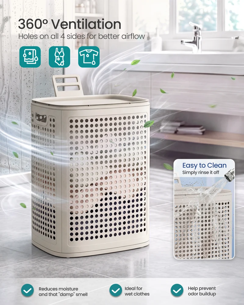 SONGMICS PP Plastic Laundry Hamper with Lid, 75 L Ventilated Laundry Basket with Cutout Handles, 16.7 x 13 x 22.4 inch, Light Beige