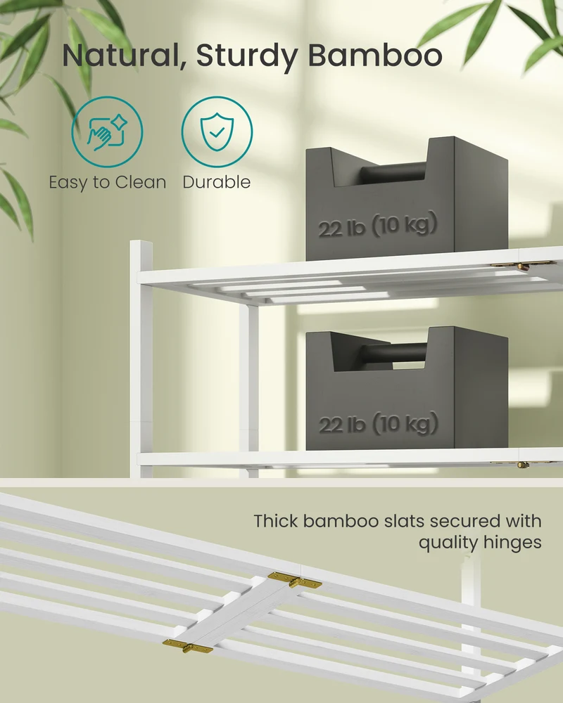 SONGMICS Bamboo Shoe Rack for Closet, Stackable Shoe Oragnizer, Space-Saving Freestanding Shelf, 3-Tier, Holds 12-16 Pairs, Cloud White