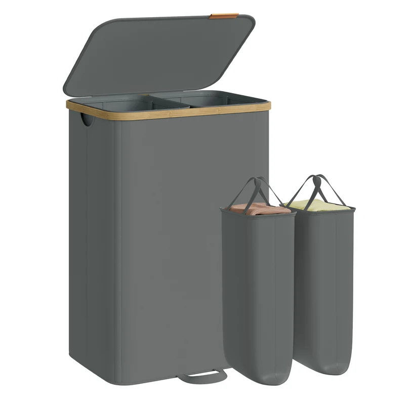 SONGMICS Laundry Hamper, Laundry Sorter with Lid, Storage Basket Bin, Removable Liners, Bamboo Frame, 2 Sections, 39.6 Gal. (150 L), Slate Gray