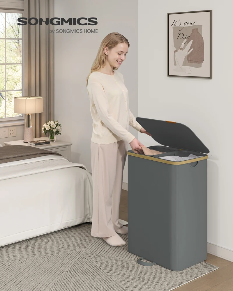 SONGMICS Laundry Hamper, Laundry Sorter with Lid, Storage Basket Bin, Removable Liners, Bamboo Frame, 2 Sections, 39.6 Gal. (150 L), Slate Gray