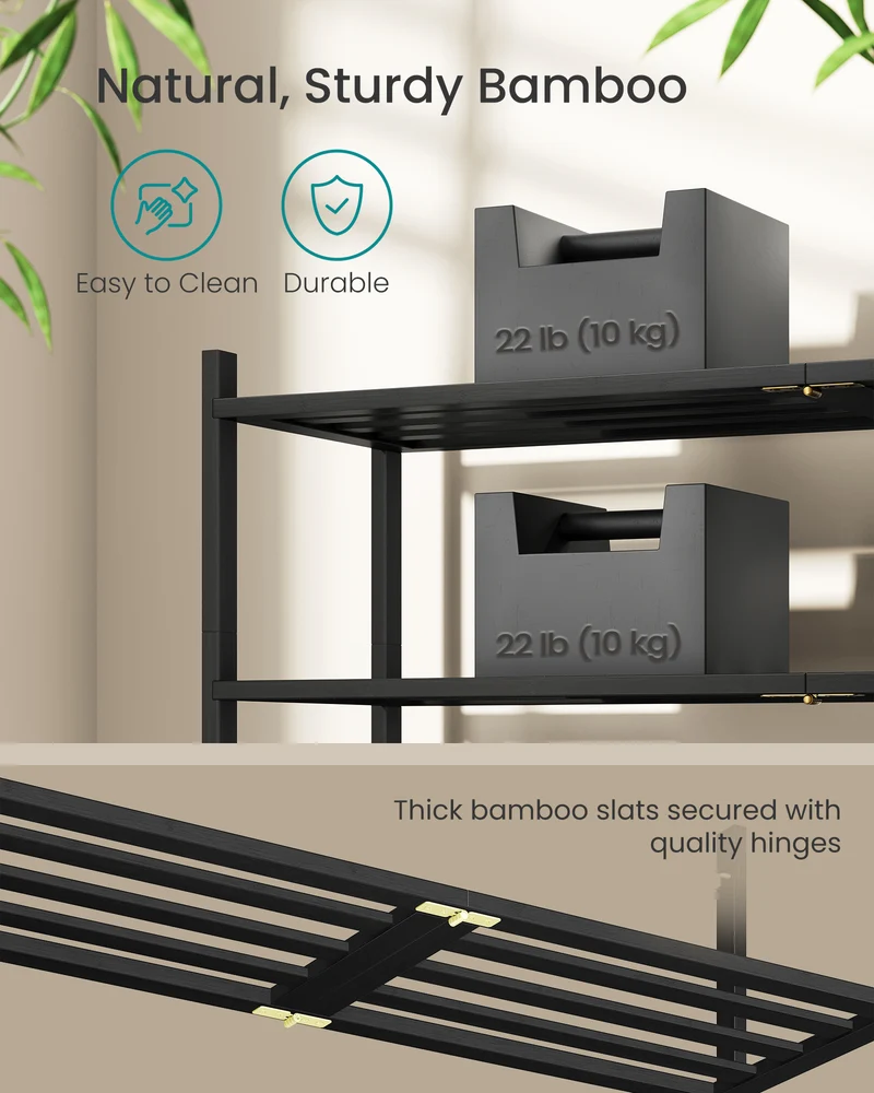 SONGMICS Bamboo Shoe Rack for Closet, Stackable Shoe Oragnizer, Space-Saving Freestanding Shelf, 3-Tier, Holds 12-16 Pairs, Ink Black
