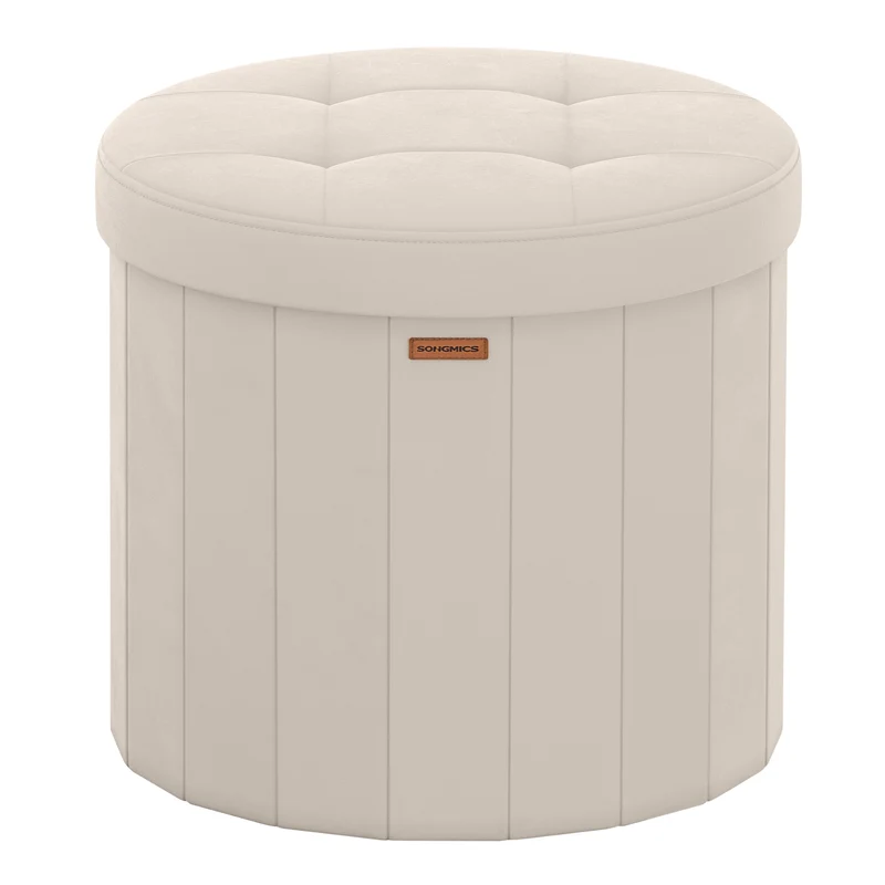 Round Storage Ottoman with Removable Lid, 18.1 Inch Folding Footrest Stool with Velvet Cover, Cappuccino Beige