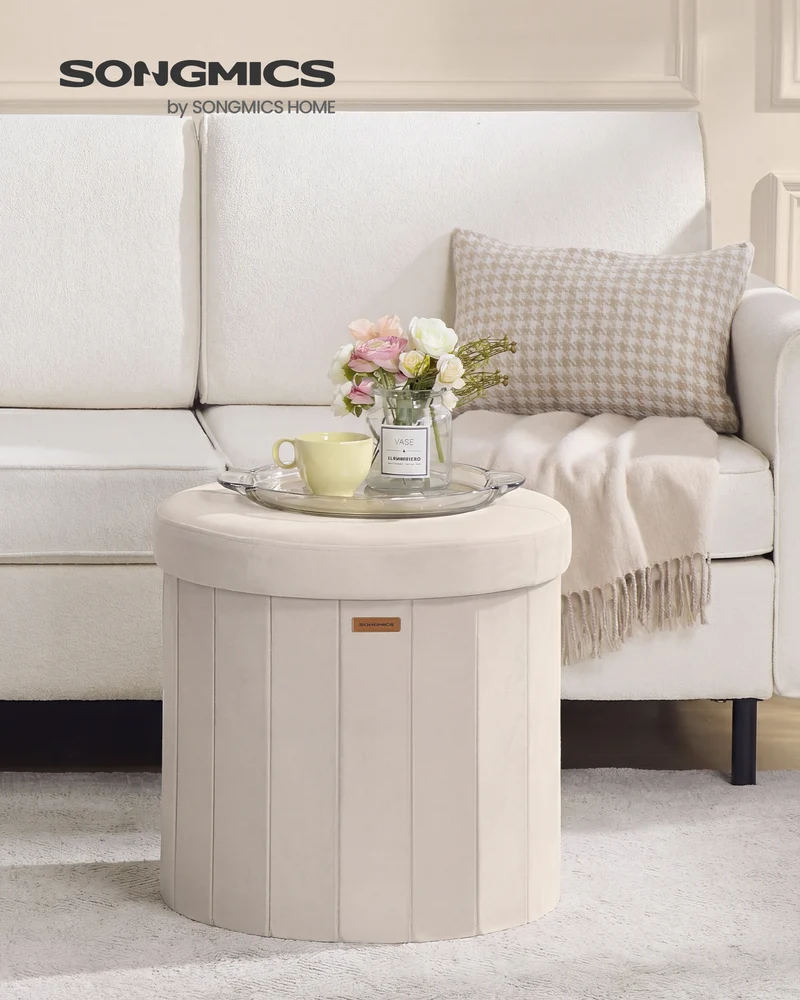 Round Storage Ottoman with Removable Lid, 18.1 Inch Folding Footrest Stool with Velvet Cover, Cappuccino Beige