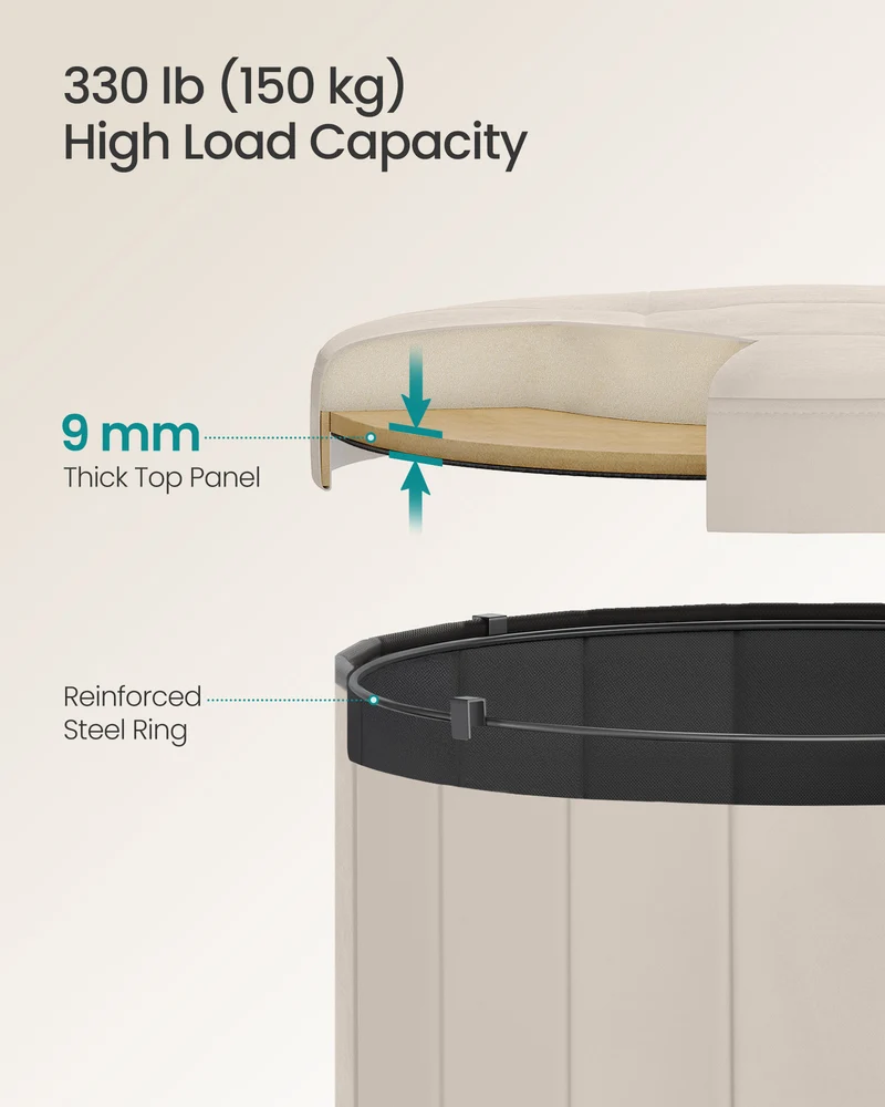 Round Storage Ottoman with Removable Lid, 18.1 Inch Folding Footrest Stool with Velvet Cover, Cappuccino Beige