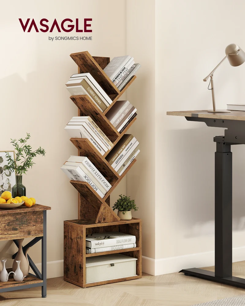 VASAGLE CUSTOS Collection - Tree Bookshelf, Modern Bookcase, Floor Standing Book Shelf, 2 Open Compartments, 8 x 15 x 48.5 Inches, Rustic Brow