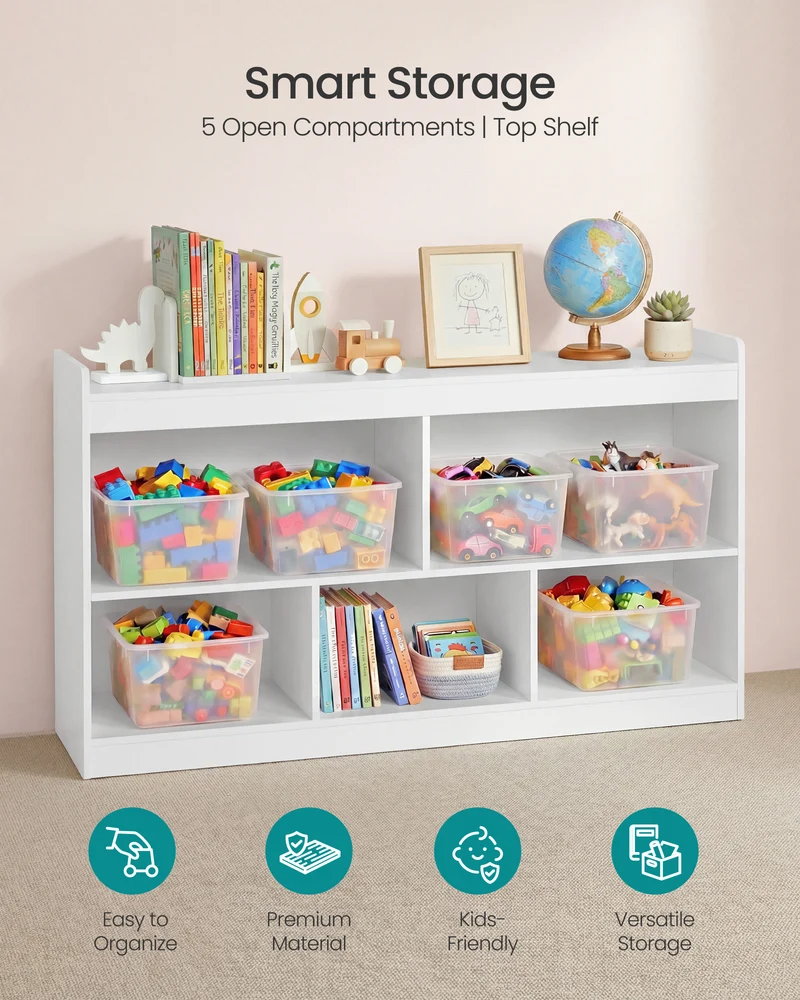 SONGMICS Kids' Toy Storage Shelf, Montessori Shelf with 5 Open Compartments, for Children's Room Playroom, 11.8 x 44.2 x 25.6 Inches, Cloud White