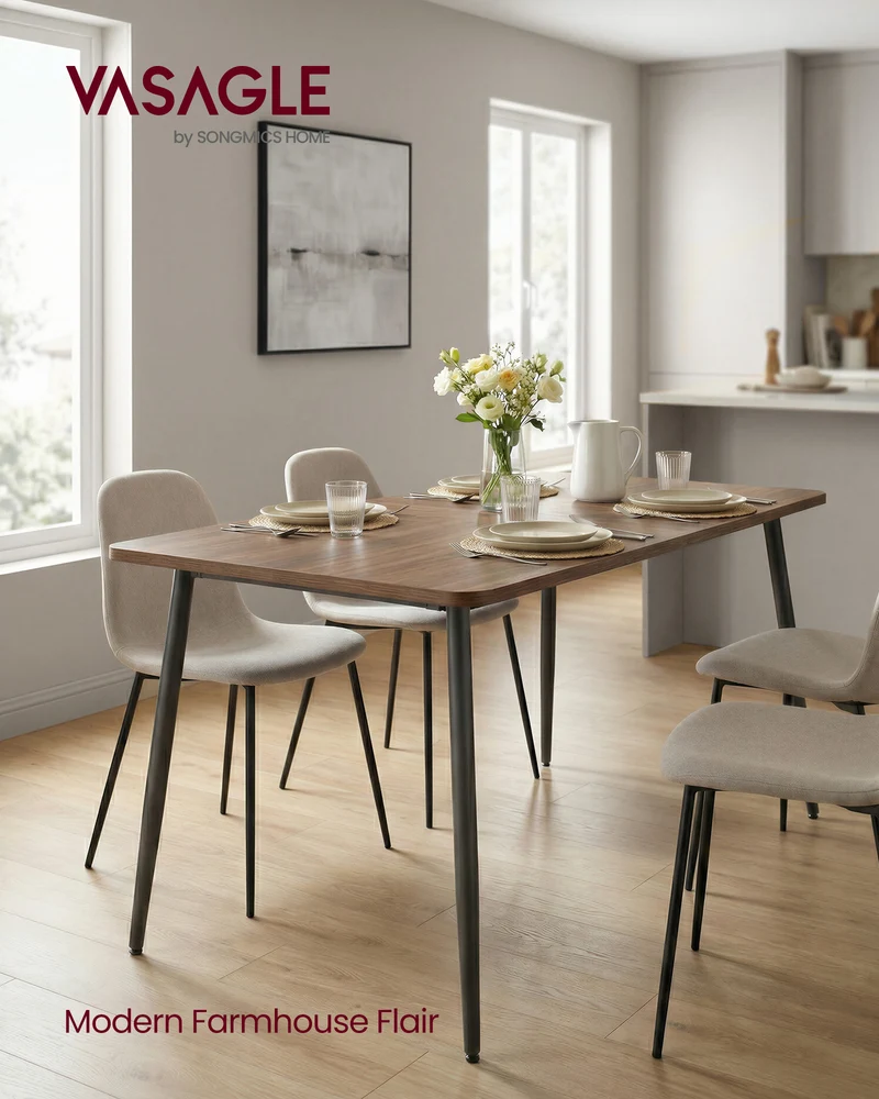 Modern Farmhouse Dining Table for 4-6, Quick Assembly Kitchen Table with Heat-Resistant Surface, 55.1 x 29.5 Inches, Natural Walnut & Ink Black