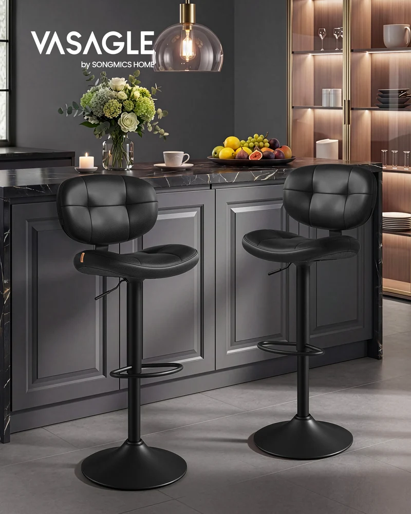 VASAGLE Bar Stools Set of 2, Height Adjustable Kitchen Barstools, Swivel Bar Chairs with Back and Footrest, Quilt PU Leather Surface, Ink Black