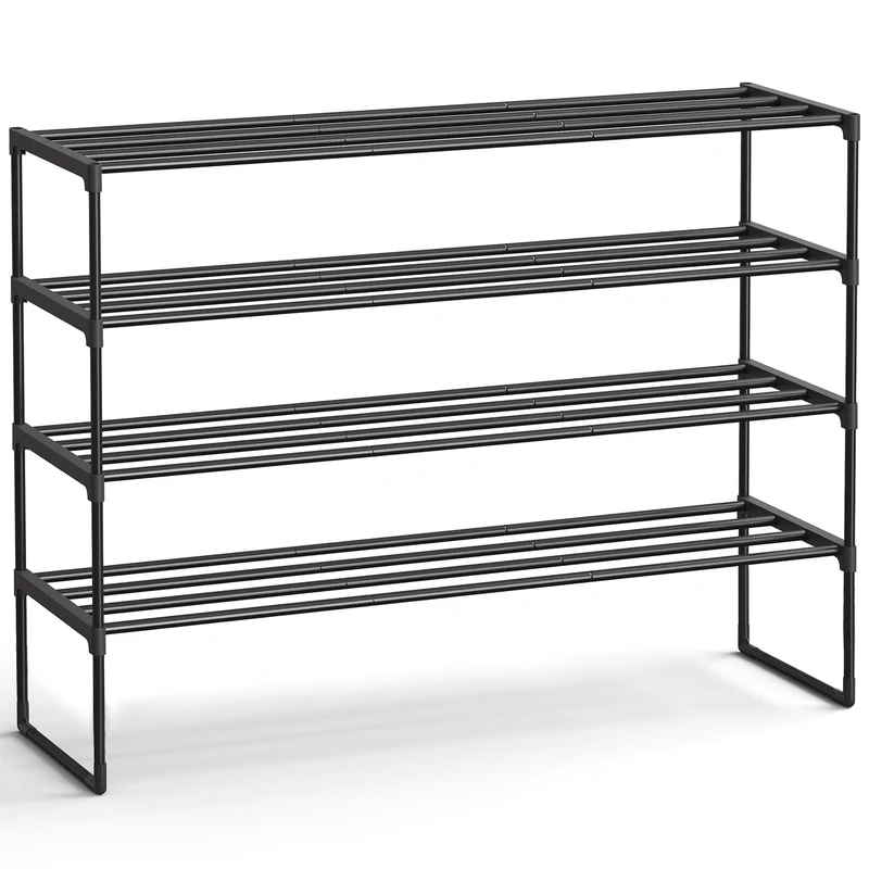 SONGMICS Shoe Rack, 4-Tier Shoe Organizer, Metal, Upright or Upside Down, for 25-30 Pairs, Stackable, for Entryway, 11.8 x 46.1 x 29.5 Inches, Black