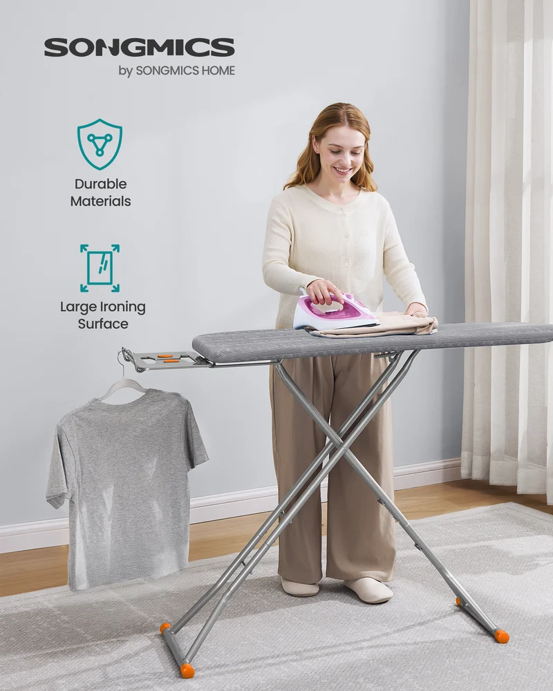 SONGMICS Ironing Board, Retractable Iron Rest, Foldable Iron Board, 43 x 13 Inches, Height Adjustable, Padded with Cover, Hook, Dove Gray