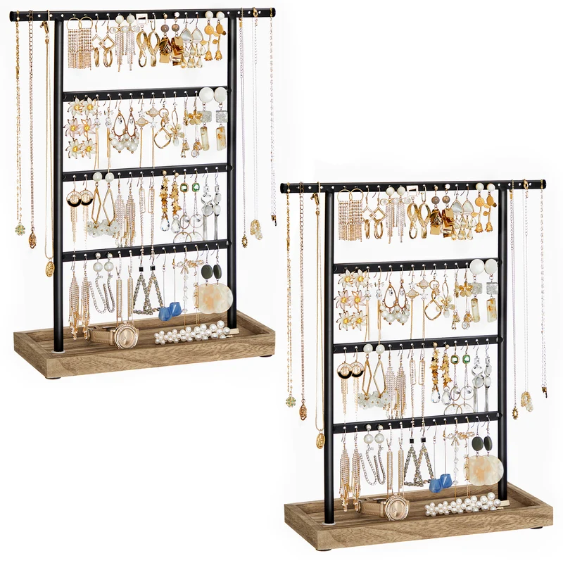 SONGMICS Set of 2 Jewelry Organizers, 4-Tier Earring Holders Organizers Stands with Base Tray, for Studs and Necklaces, Vintage, Wood Color and Black