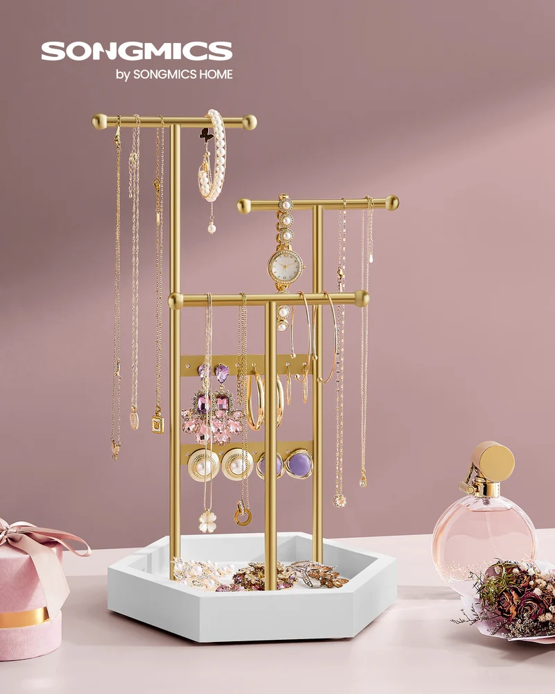 SONGMICS Set of 2 Jewelry Holders Organizers, 3 Tiers and 1 Tray, Jewelry Display Stands, Necklace Earring Bracelet Holder, Pale Gold and White
