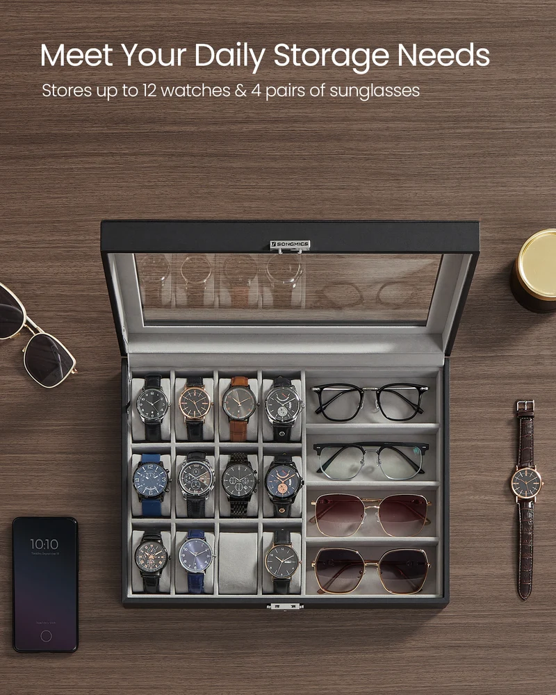 Ink Black Lockable 16-Slot Watch Box with Glass Lid - Made of Synthetic Leather, Dove Gray Lining, Ideal Gift Idea for Watch Storage
