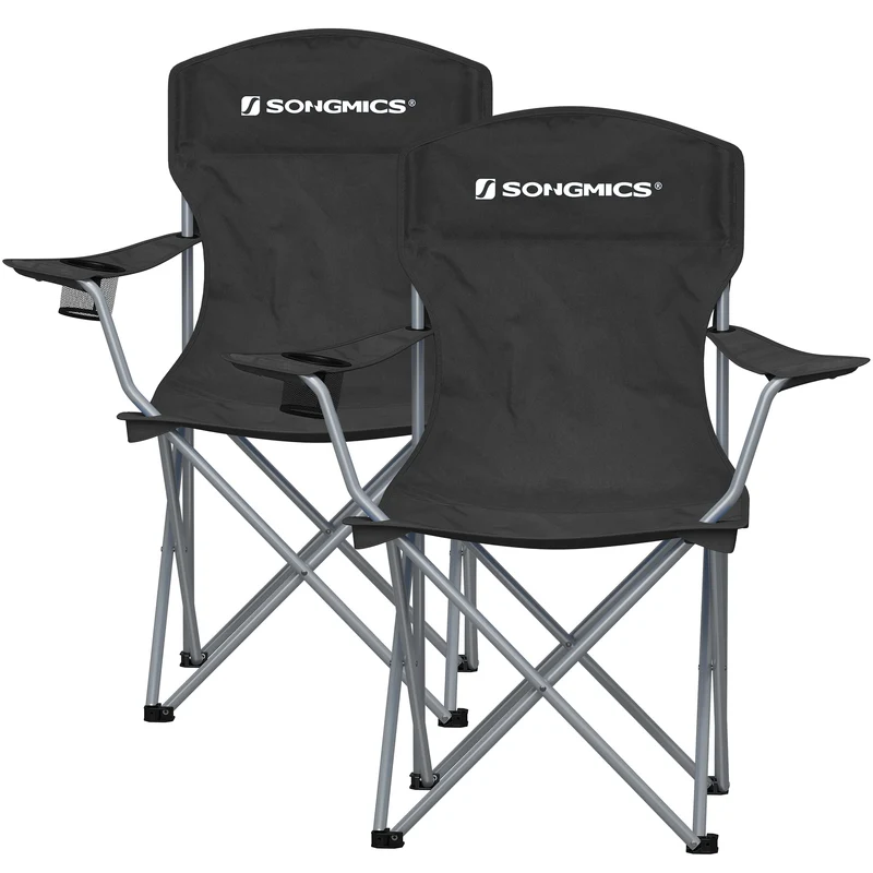 SONGMICS Set of 2 Folding Camping Chairs, Comfortable, Heavy Duty Structure, Max. Load Capacity 330 lb, Outdoor Chair with Cup Holder, Terrace, Black
