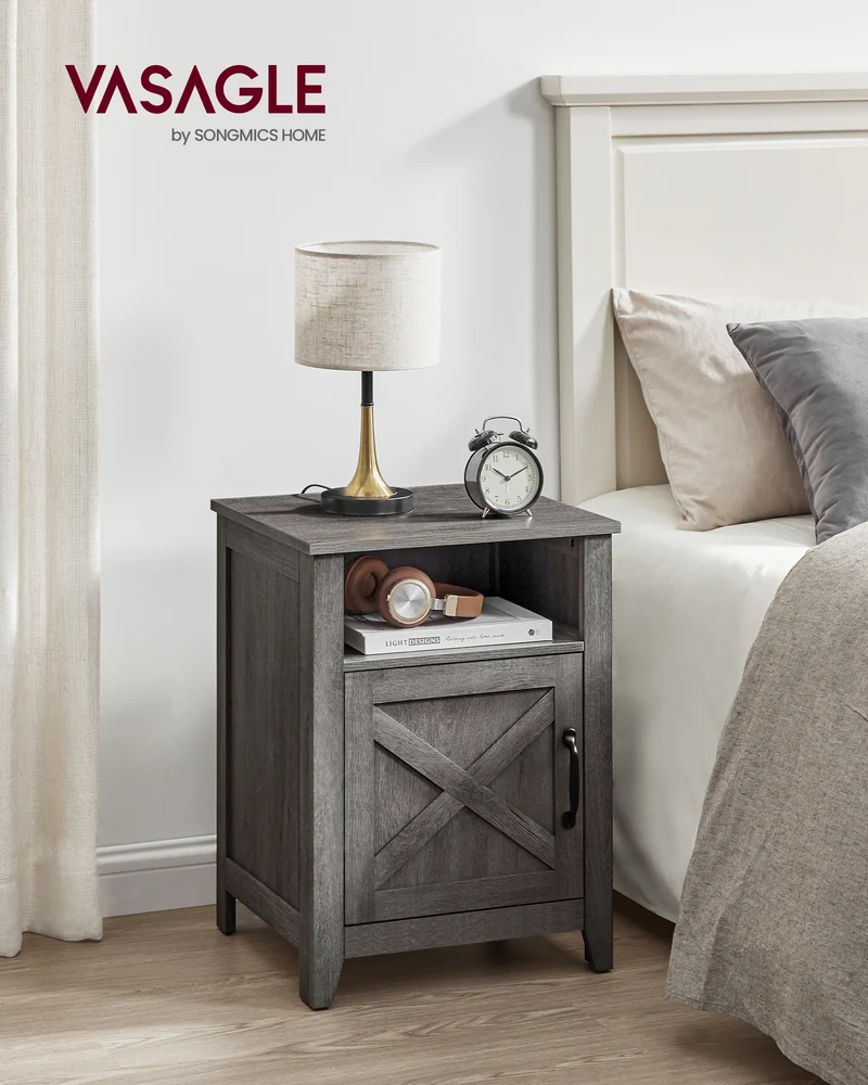 Nightstand with Barn Door, Storage Bedside Table with Open Compartment, Misty Gray, 132 - lb Capacity