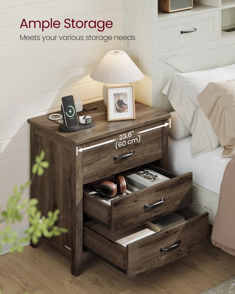 Farmhouse Nightstand with Charging Station - 3-Drawer Bedside Table with USB Ports, for Bedroom, Living Room, Taupe Brown