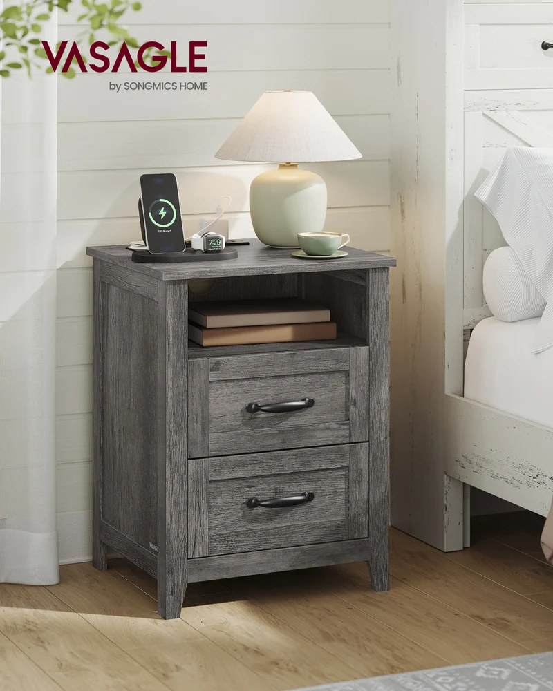 Set of 2 Farmhouse Nightstands with USB Charging - 2-Drawer Bedside Tables, Rustic Modern Design, Misty Gray
