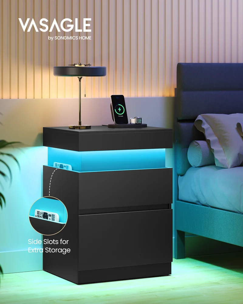 VASAGLE Nightstand with Power Outlets, Sliding Lid, Modern Bedside Table with LED Lights, End Table, 2 Drawers, 15.7 x 18.9 x 26.8 Inches, Ink Black