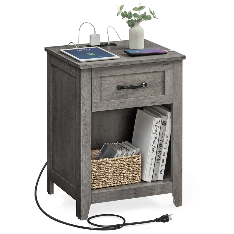 VASAGLE Farmhouse Nightstand with Charging Station, Bedside Table with Drawer, Open Compartment, Side Table with Storage, for Bedroom, Misty Gray