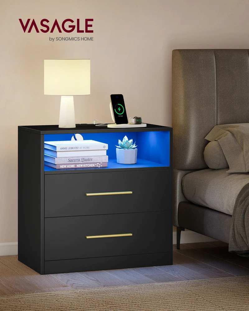 VASAGLE CUSTOS Collection - Nightstand with Charging Station, LED Lights, Modern, with Drawers, Open Shelf, 2 AC Outlets USB Ports, Ink Black