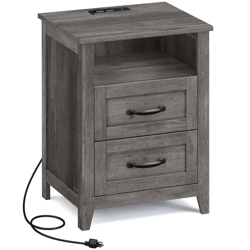 Farmhouse Nightstand with Charging Station, 2-Drawer Bedside Table, Open Shelf, USB & AC Outlets, for Bedroom & Living Room, Misty Gray
