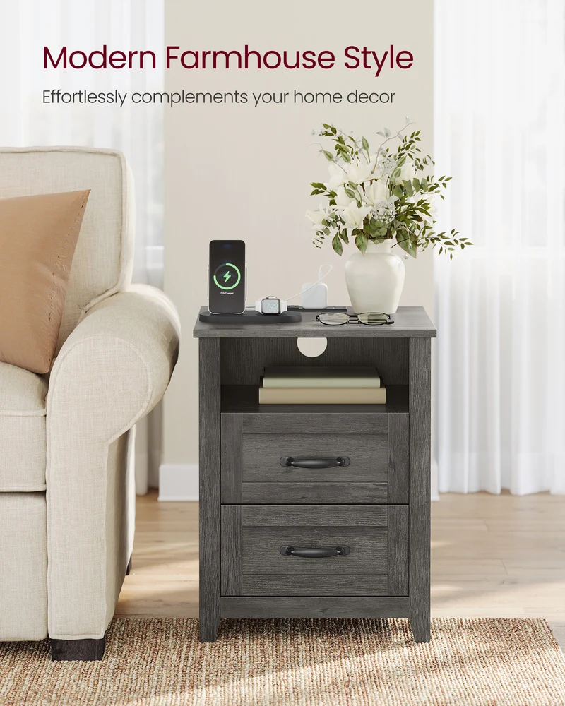 Farmhouse Nightstand with Charging Station, 2-Drawer Bedside Table, Open Shelf, USB & AC Outlets, for Bedroom & Living Room, Misty Gray