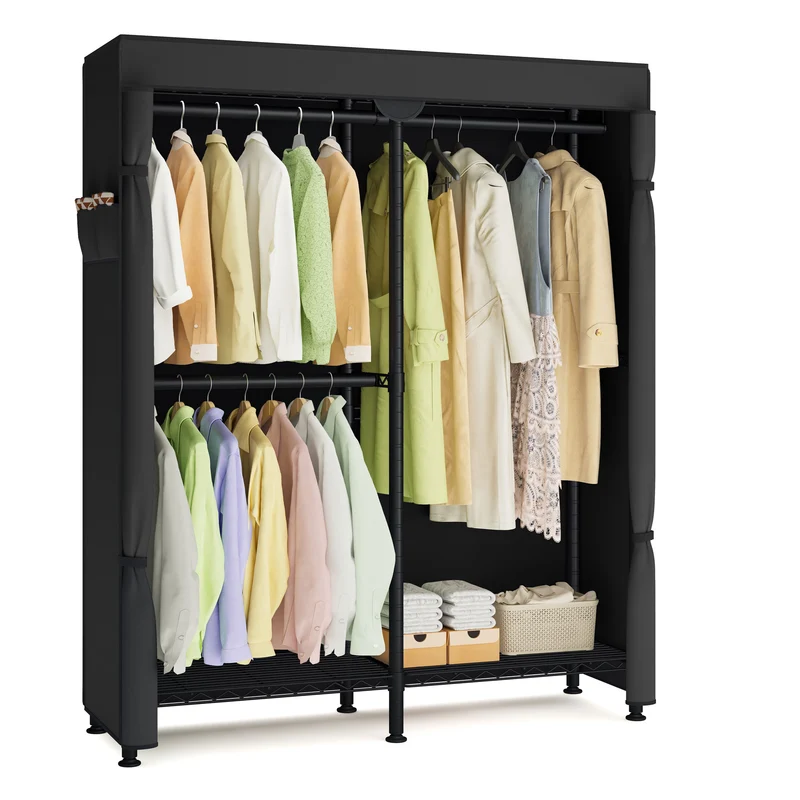 SONGMICS Clothing Rack, Heavy-Duty Garment Rack with Adjustable Storage Shelves and Hanging Rails, Fabric Cover, Portable Closet, Cloud White